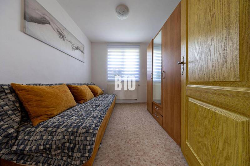 A room in a family house with a sofa, a wooden wardrobe, and a painting on the wall.