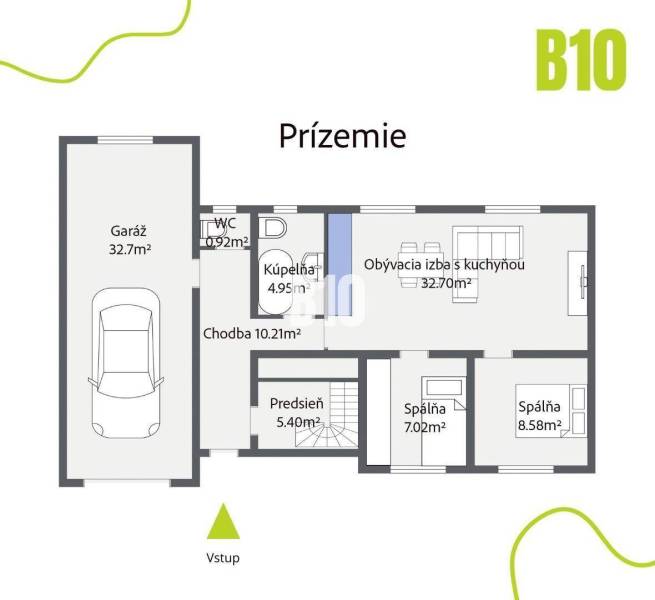 Ground floor plan of a family house with a garage and living room in Bratislava - Nové Mesto.