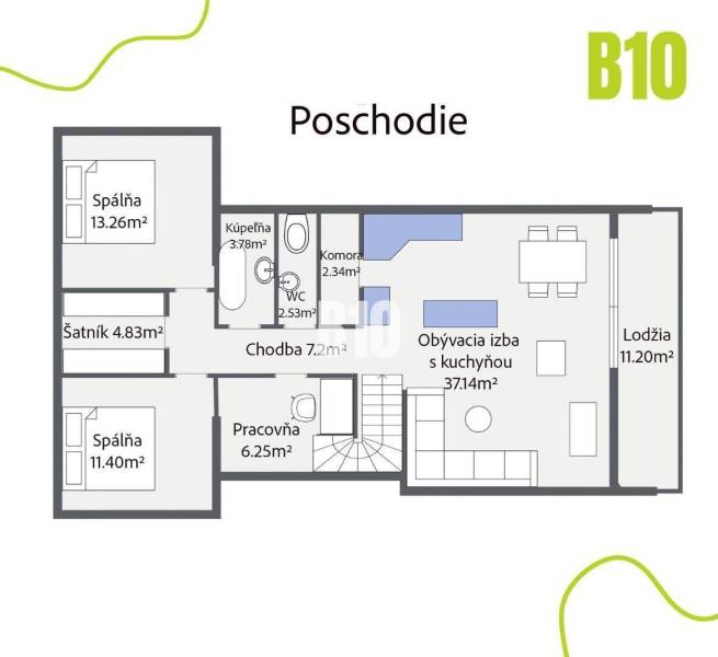 Floor plan of a family house: two bedrooms, living room with kitchen, loggia.