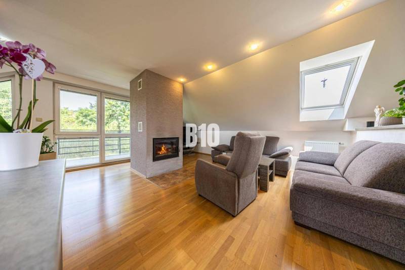 Living room in a family house with a fireplace, sofa, armchairs, and a view of greenery.