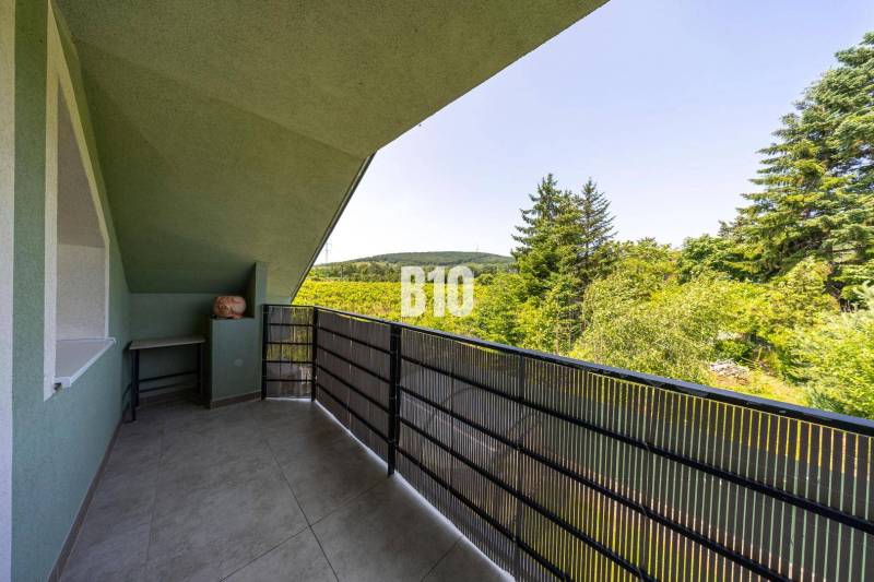 A balcony with a view of greenery in a family house in Bratislava - Nové Mesto.