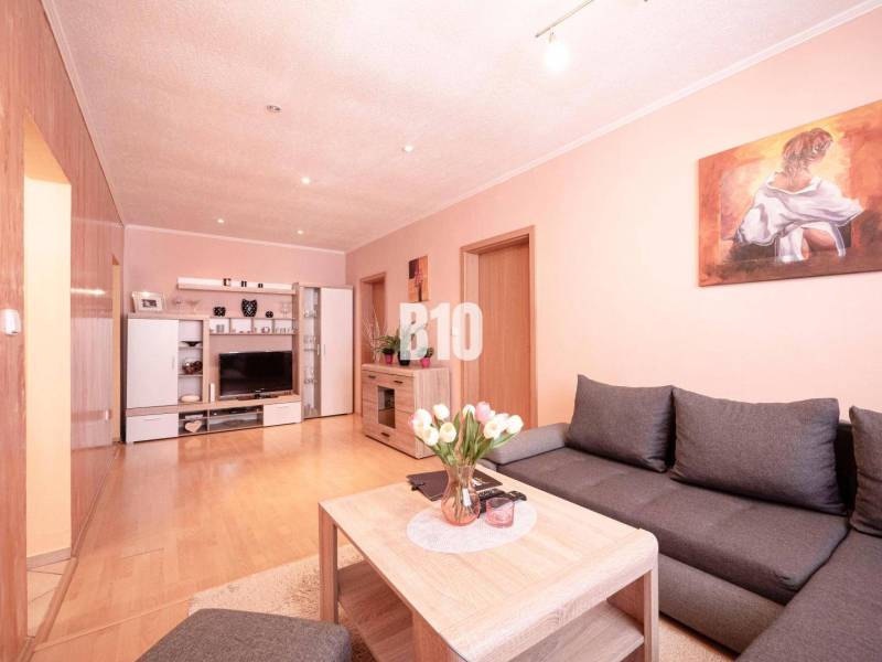 Living room with a sofa and a television in a three-room apartment, decorated with a painting and flowers.