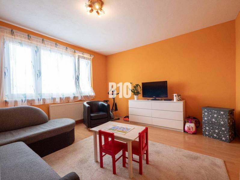Living room in a 3-room apartment with orange walls, a sofa, and a children's corner.