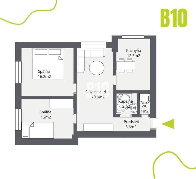 Floor plan of a 3-room apartment with room dimensions and layout.