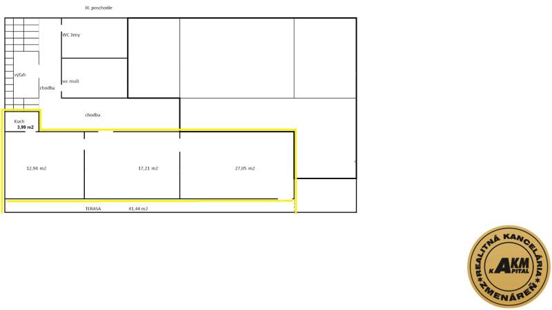 Floor plan of offices with kitchen and terrace on the third floor.