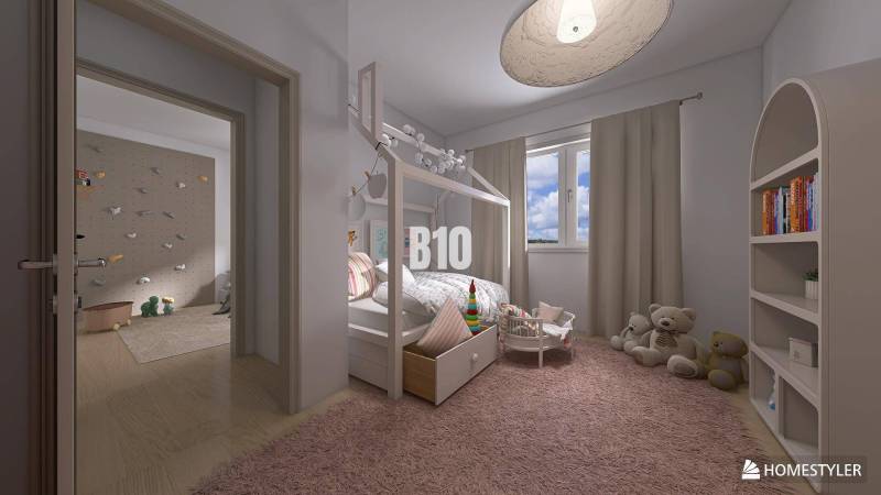 Children's room in a family house with a bed, toys, and a climbing wall.