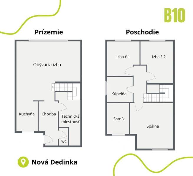 Floor plan of a family house with a ground floor and an upper floor, rooms divided into bedrooms and a kitchen.