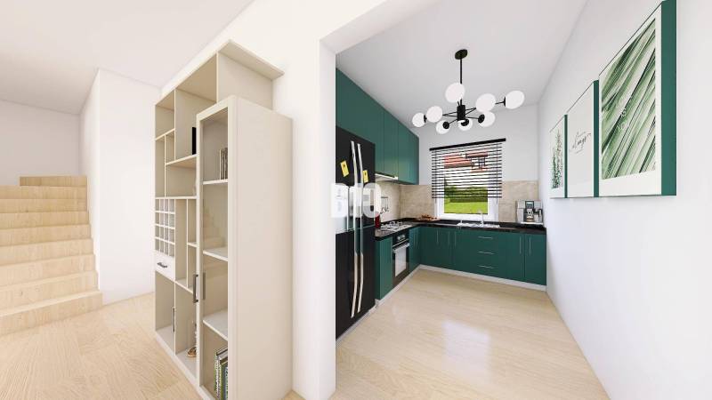 A kitchen in a family house with modern furniture, a staircase, and a bookshelf.