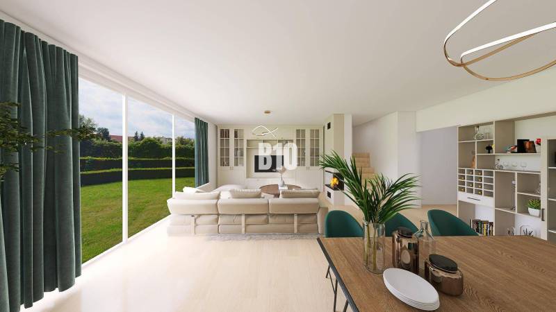 Living room in a family house with a light sofa, large windows, and a dining table.