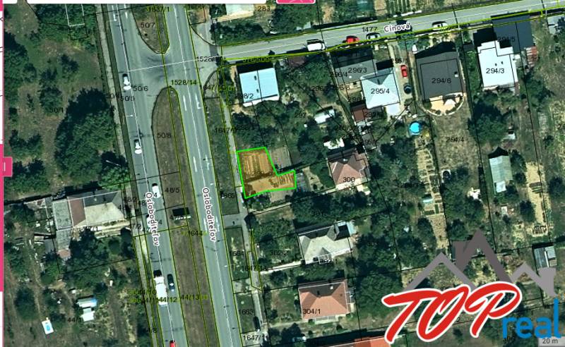 Aerial view of residential plots in Košice, Barca district, Osloboditeľov Street.