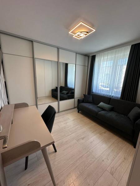 A room in a family house with a sofa, a mirrored wardrobe, and a writing desk.