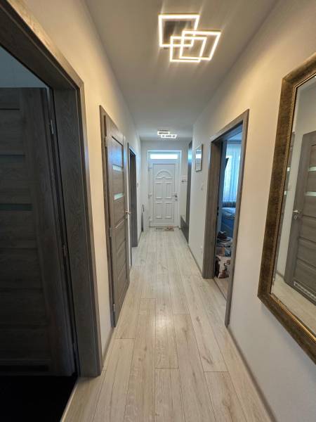 A hallway in a family house with wooden flooring and modern lighting.