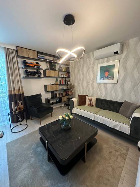 Living room in a family house, with an elegant chandelier, sofa, and shelves full of decorations.