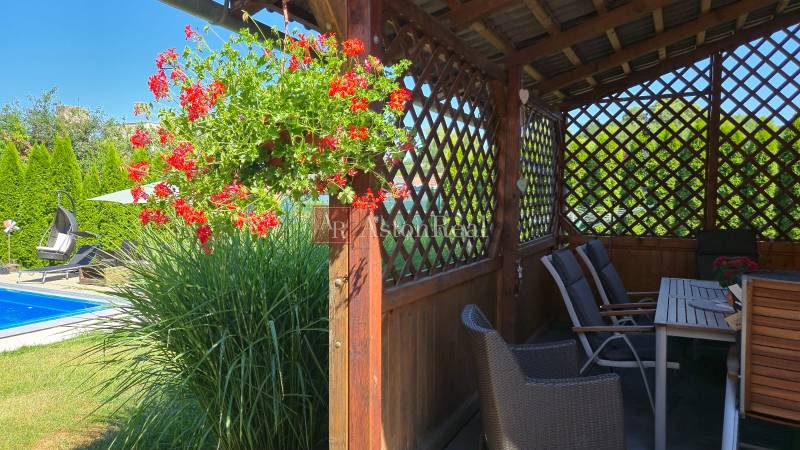 A summer terrace of a family house with flowers and a swimming pool in Trenčianske Jastrabie.