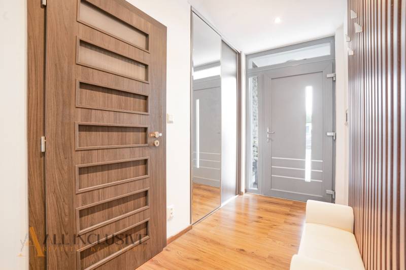 A hallway in a family house with a wooden floor, a mirror, and doors with geometric elements.