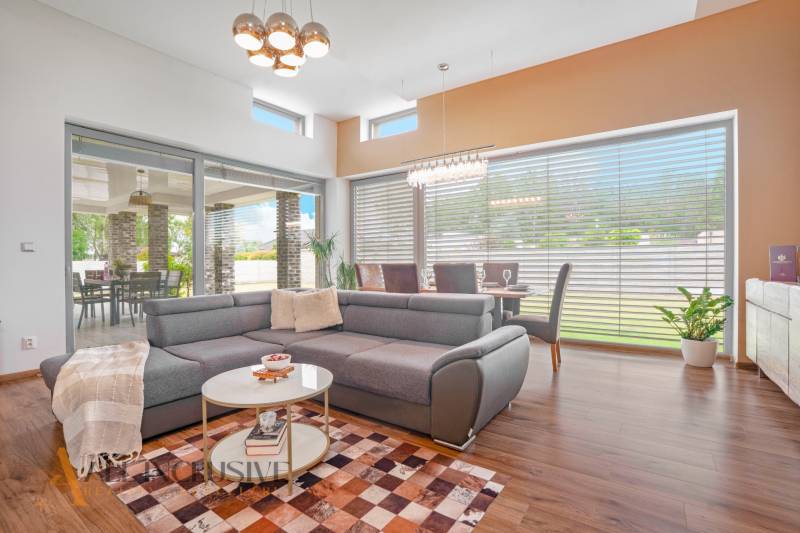 Living room in a family house with a large corner sofa, dining table, and glazing.