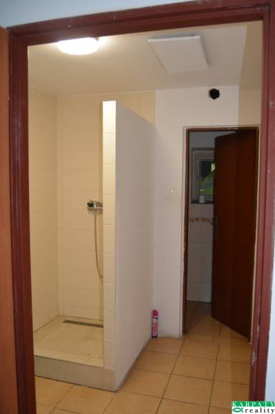 Shower enclosure with side doors, suitable as part of commercial premises.