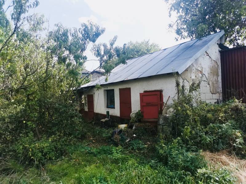 A family house in Sobrance surrounded by dense greenery, with old plaster and red doors.