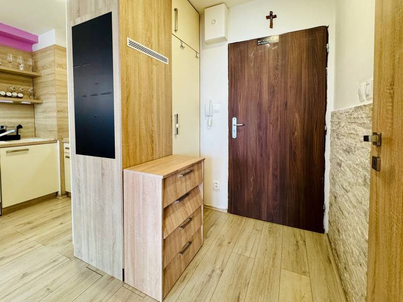 Entrance area in a 2-room apartment with wooden flooring and a kitchenette.