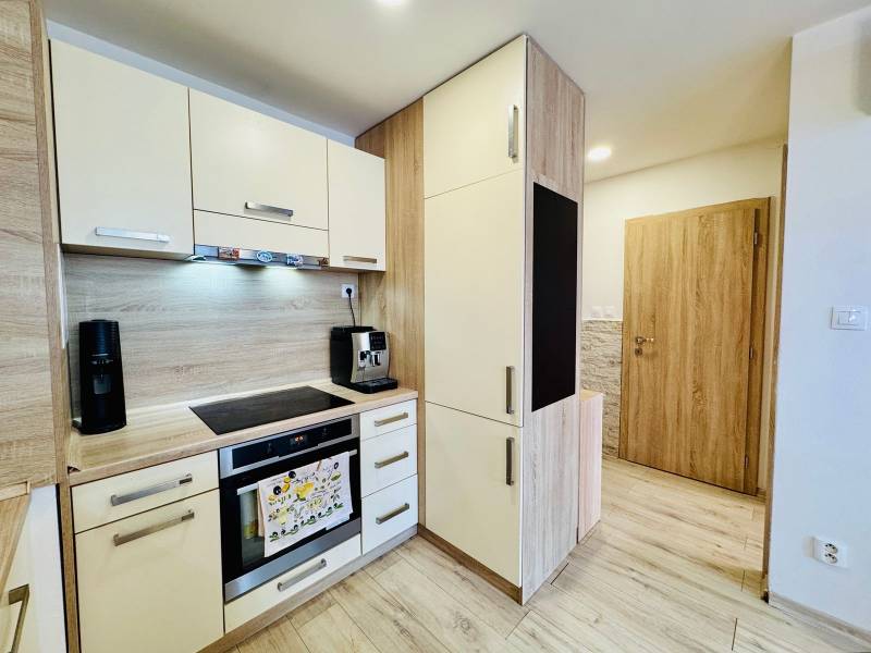 A kitchen in a 2-room apartment with wooden cabinets and custom appliances.