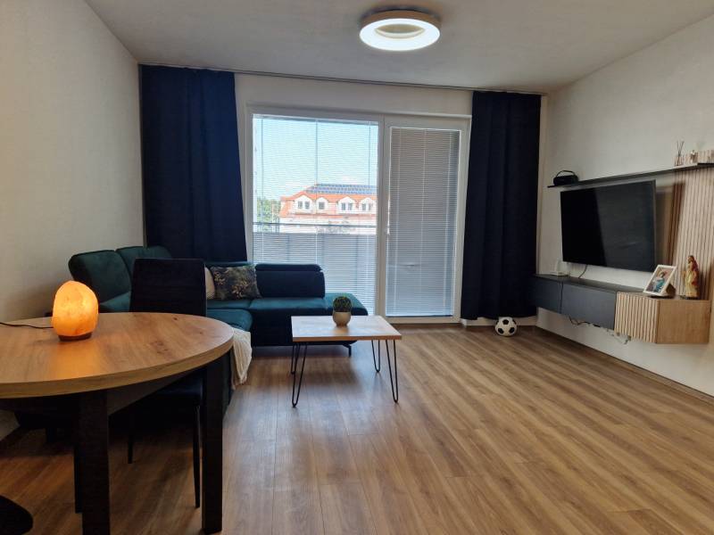 Living room with a comfortable couch, wooden table, and television in a two-room apartment.