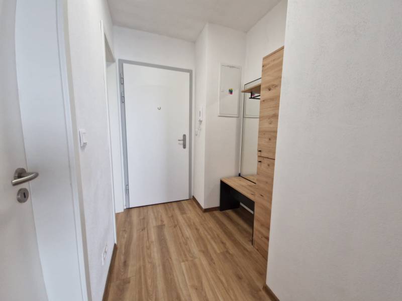 Entrance hallway with light walls and wooden floor in a 2-room apartment.