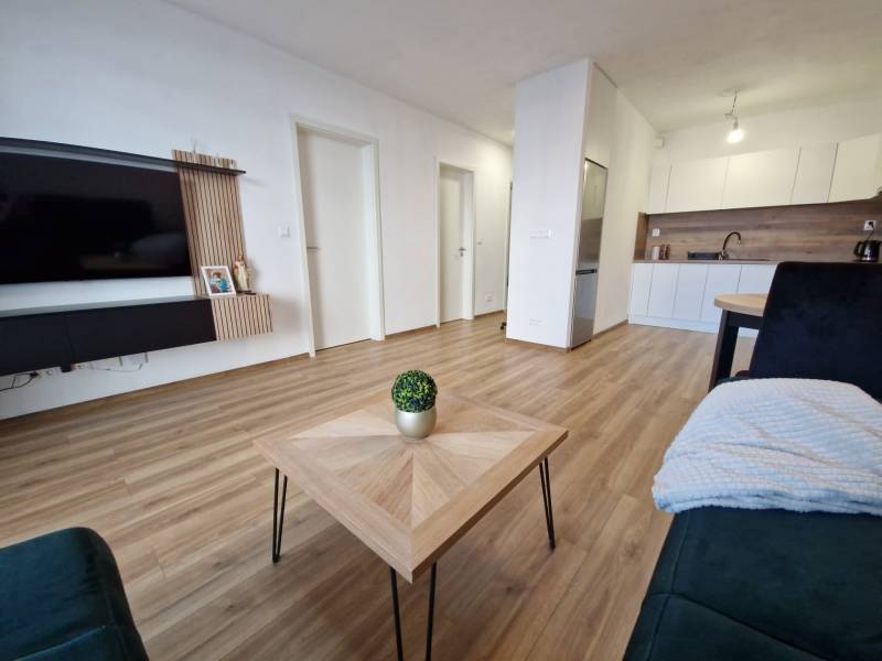 Living room and kitchen in a 2-room apartment with wooden flooring and a wall-mounted television.