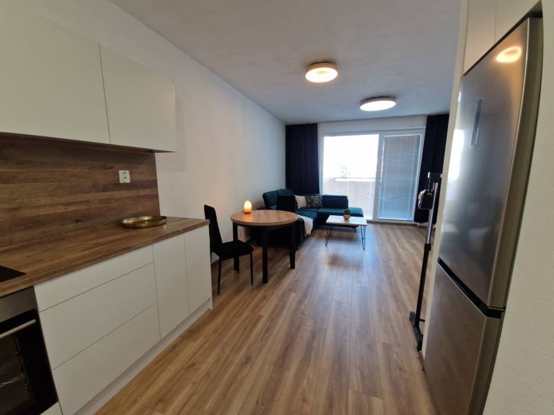 Kitchen and living area in a 2-room apartment with wooden flooring and a sofa.