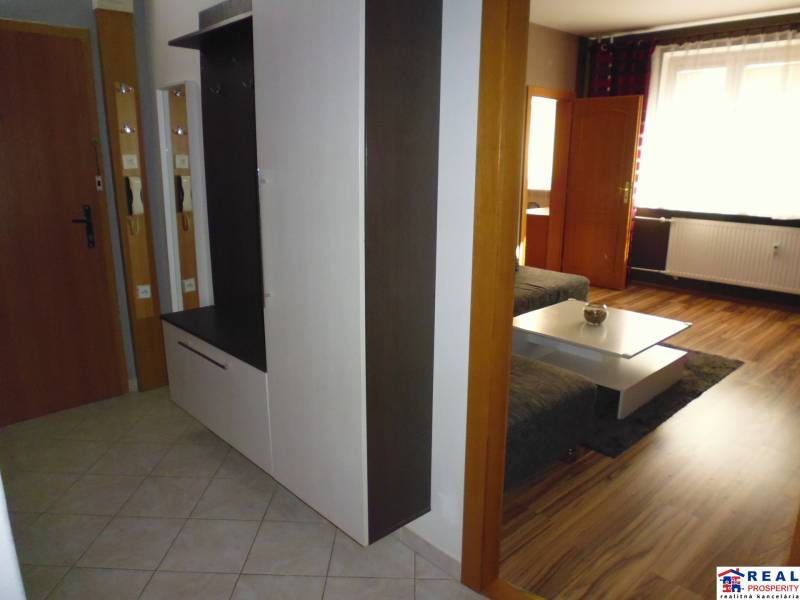 Entrance hallway with a coat rack leading to the living room in a 3-room apartment.