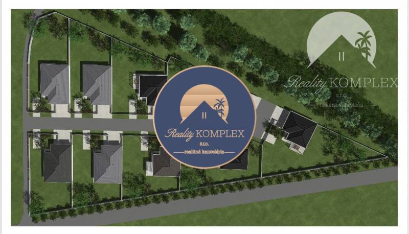 Visualization of residential plots in Komárno with the layout of houses and greenery.