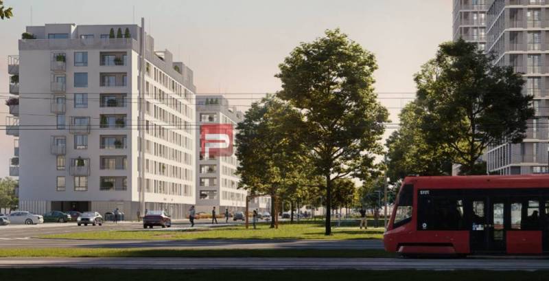 Buildings on Labutia Street, Bratislava V, with greenery and a tram in the foreground.