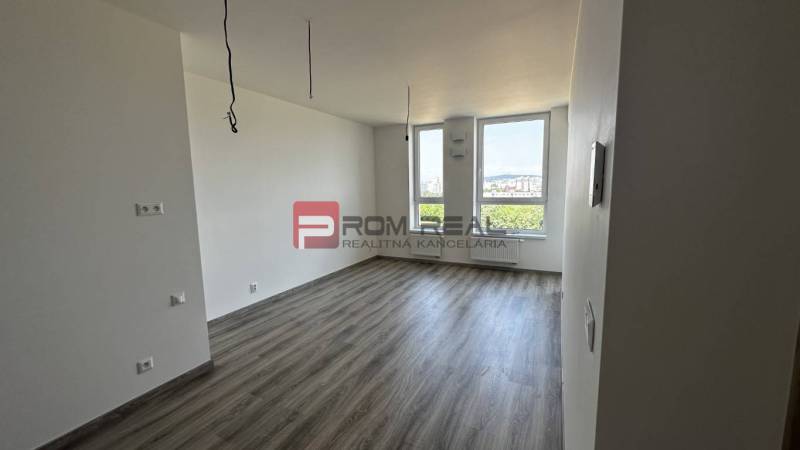Spacious room in a 2-room apartment with large windows and laminate flooring.