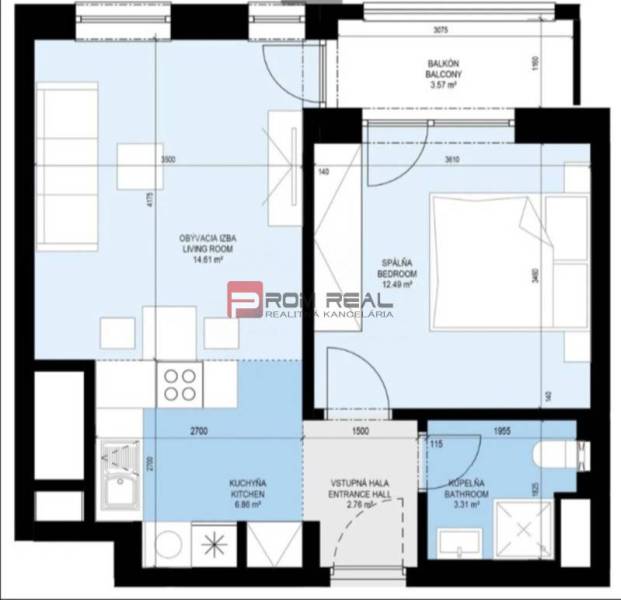 Floor plan of a 2-room apartment with a living room, kitchen, bedroom, and balcony.
