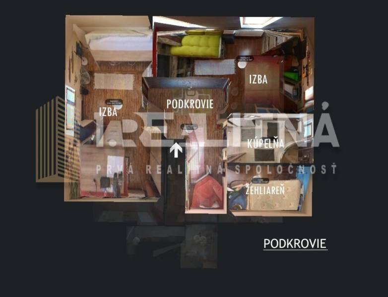 The floor plan of the attic of the family house includes rooms, a bathroom, and an ironing room.
