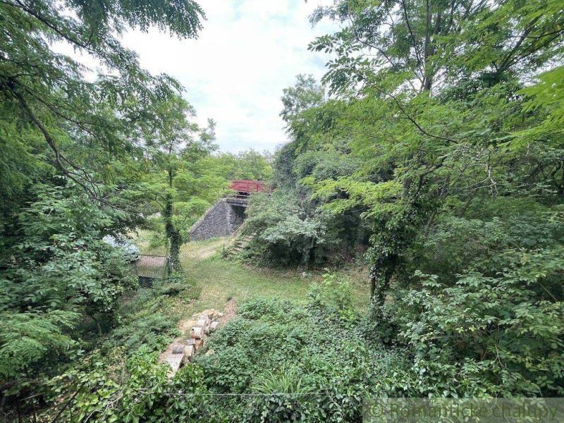 Greenery surrounds the stone structure near the family house in Branč.