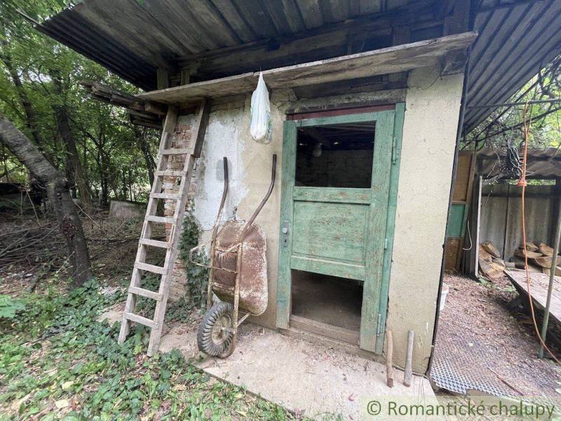 A dilapidated shed with wooden doors and a ladder on the property of a family house in Branč.