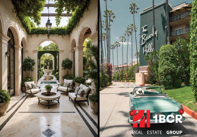 On the left, a luxurious interior with a fountain, on the right, a road with palm trees and a car.