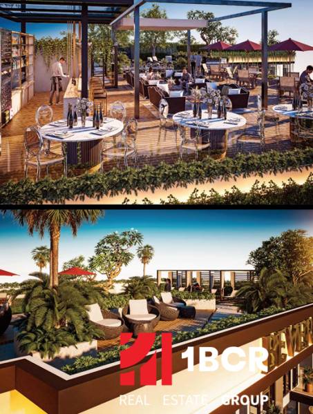Design terrace with dining area in the construction of apartments in Pattaya.