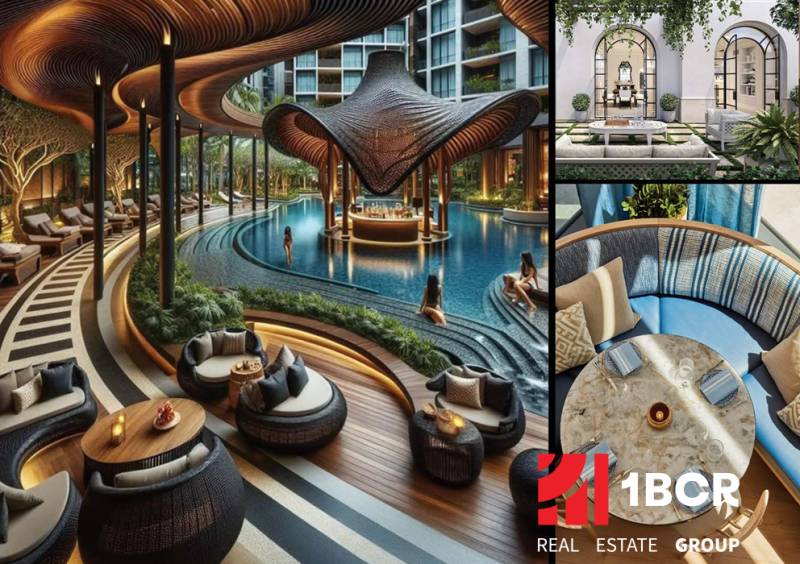 Luxury pool area with relaxation zones, surrounded by greenery as part of the Apartment Construction.