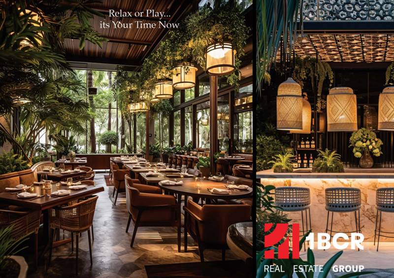 Luxurious restaurant interior with wooden tables, chairs, and plants. Apartment construction.