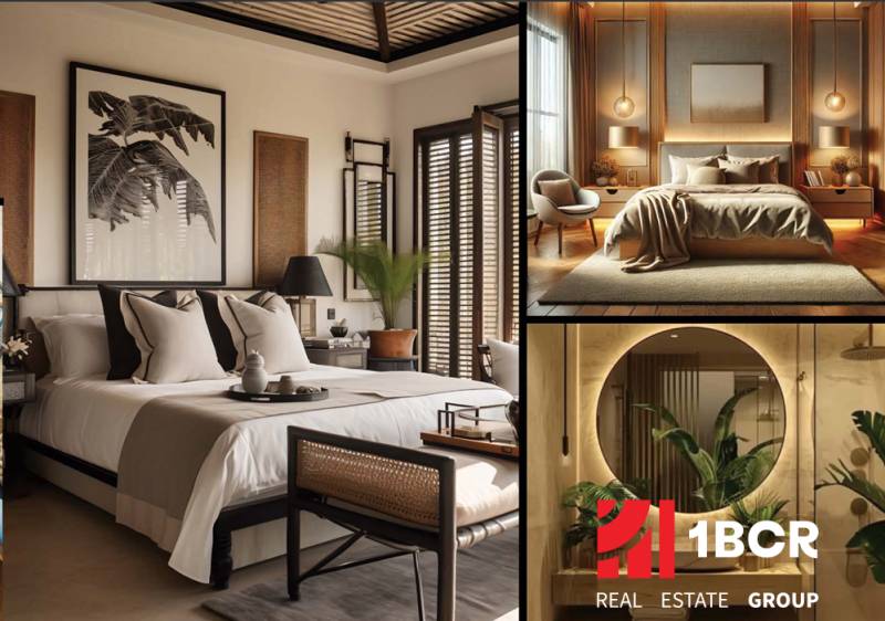 Luxury bedrooms in apartment construction, with natural decor and modern design.