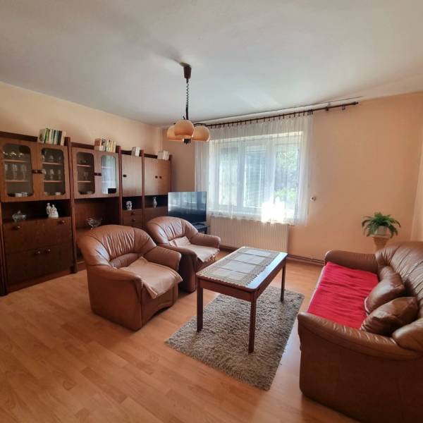 Living room in a family house with leather armchairs, a sofa, and cabinet furniture.