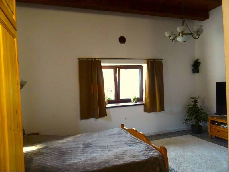 A room in a family house with curtains, a bed, carpets, and a plant by the window.