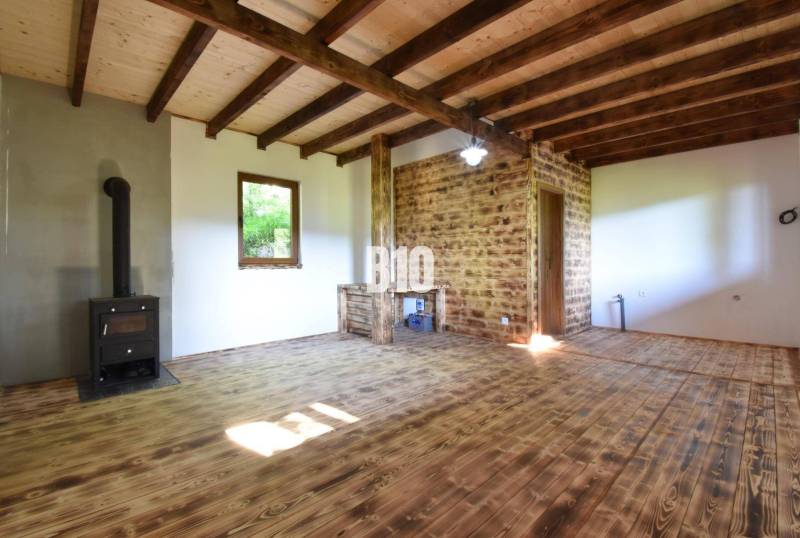 Interior of a cabin with wooden beams and a fireplace, wooden floor and white walls.