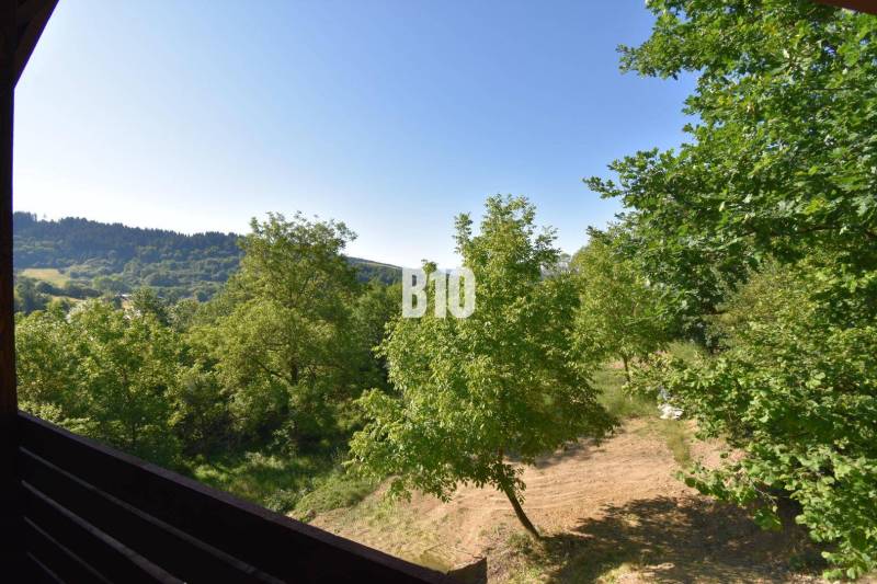 View from the cottage in Bytča with forests and blue sky.