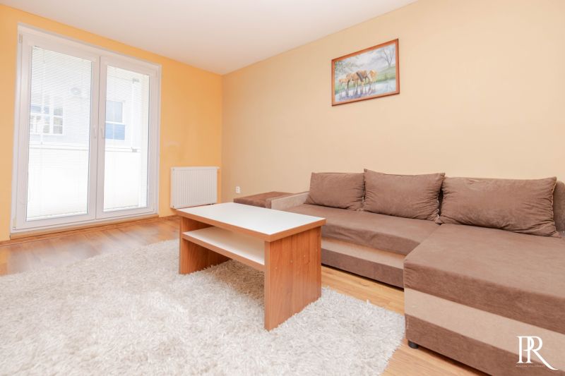 Living room in a two-room apartment with a brown sofa, a table, and a WINDOW to the balcony.