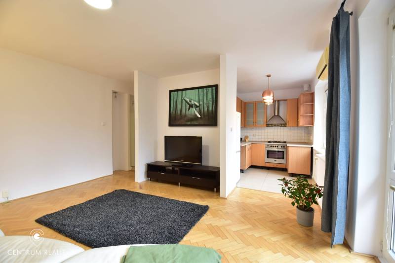 Living room with a TV and a kitchenette in a 2-room apartment with wooden flooring.