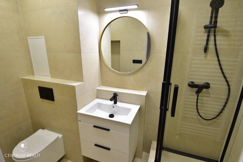 Bathroom in a 2-room apartment with a sink, mirror, and shower.