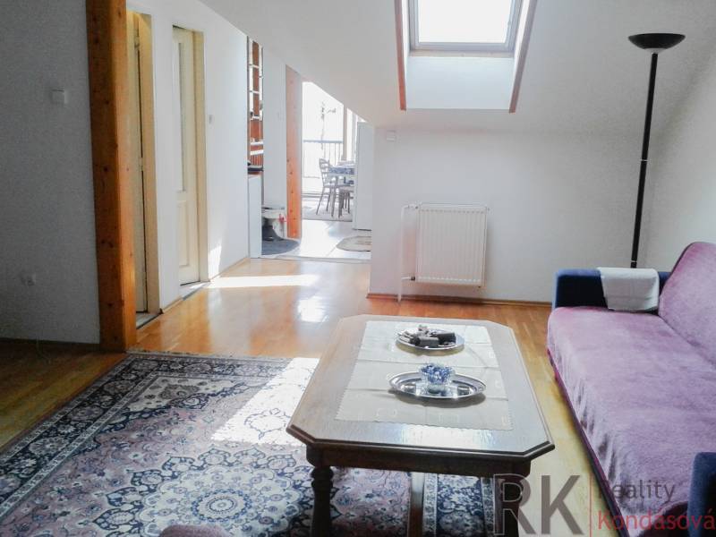Living room in a two-room apartment with an attic window, a sofa, and a carpet.