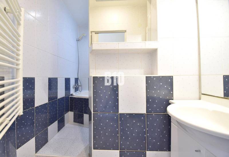 Bathroom with blue and white tiles and a shower in a 4-room apartment.